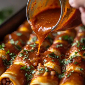 rolled beef and bean enchiladas arranged neatly seam-side down