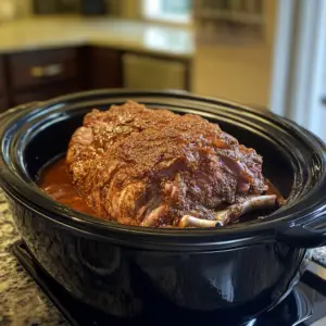 seasoned pork shoulder being placed into a black crockpot