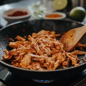 shredded rotisserie chicken being sautéed