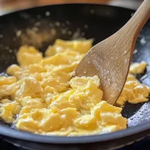 sizzling and beaten eggs just starting to set