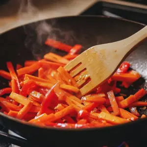sliced carrots and red bell peppers being stir-fried