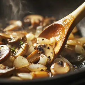 sliced mushrooms, thinly sliced onions, and minced garlic sizzling