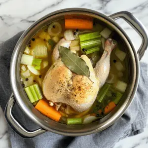 stockpot filled with simmering homemade chicken broth