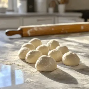 ten evenly divided pieces smooth, round dough balls