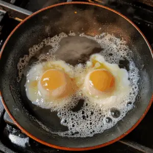 two eggs poaching in a shallow nonstick skillet