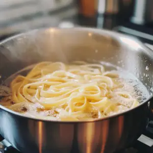uncooked fettuccine pasta being boiling