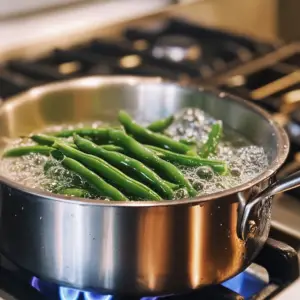 vibrant green French green beans are being blanched in boiling water