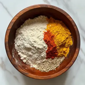 wheat flour, red chili powder, turmeric, salt, and carom seeds