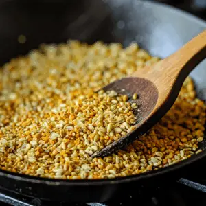 yellow mustard seeds and fennel seeds toasting inside