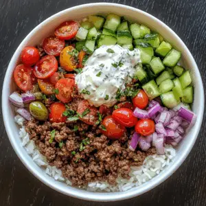 Mediterranean Ground Beef Bowl with tzatziki