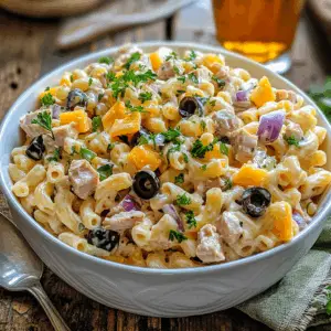 Tuna Mac Salad with Cheese Cubes and olives