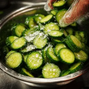 mixing bowl filled with evenly sliced cucumbers, some glistening with moisture