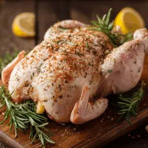 raw whole chicken on a wooden cutting board