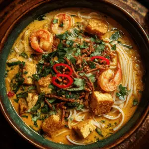 Laksa Soup with Shrimp, Tofu, and Rice noodles
