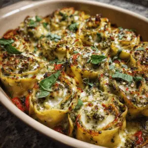 Pesto Lasagna Rolls with Roasted veggies