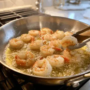Plump, raw shrimp are in the process of cooking