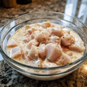 chicken breasts into bite-sized pieces in a bowl