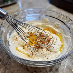 creamy mixture being whisked with a metal hand whisk