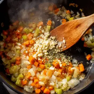 diced onions, carrots, and celery being sautéed in olive oil