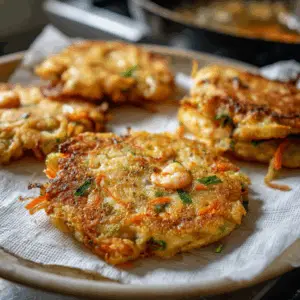 freshly fried Egg Foo Young patty resting on a paper towel-lined plate