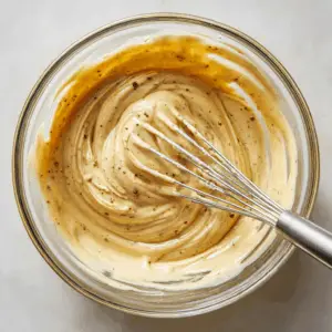 mayonnaise, Dijon mustard, yellow mustard, and apple cider vinegar