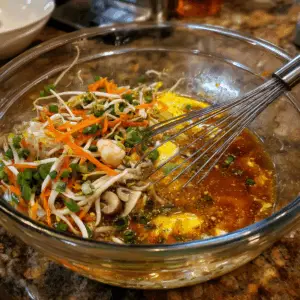 mixing bowl filled with a colorful raw egg mixture