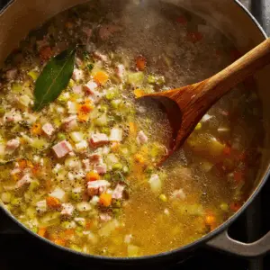 mixture of green split peas, diced ham, diced carrots, celery, and onions, all submerged in golden chicken broth