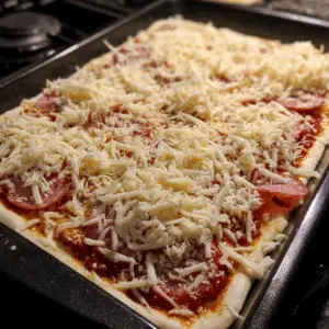 pizza dough sheet with a layer of marinara sauce, ham and Cheese