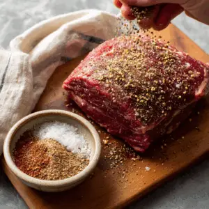 raw beef rump roast on a wooden cutting board