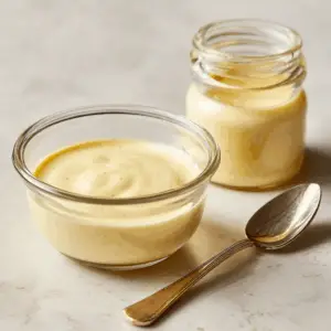 small glass bowl filled with a creamy, pale yellow dressing