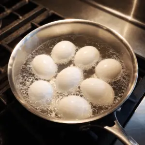 stainless steel saucepan with white eggs