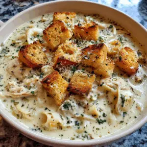 Alfredo Lasagna Soup with Garlic Bread croutons