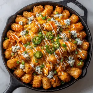 Buffalo Chicken Totchos with Blue Cheese drizzle