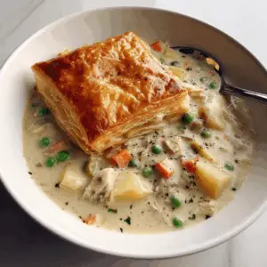 Chicken Pot Pie Soup with Puff pastry