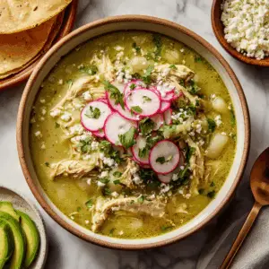 Creamy Green Pozole with Shredded chicken