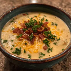Garlic Potato Soup with Frozen Cubes and Fresh parsley