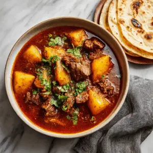 Hearty Carne Guisada Stew with Potatoes and Warm tortillas
