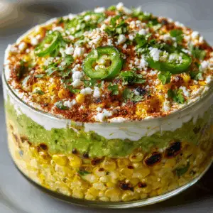 Layered Elote Dip with Guacamole and Sour cream