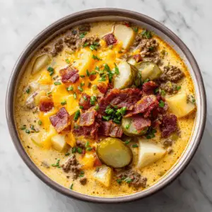 Loaded Cheeseburger Soup with Potatoes and pickles