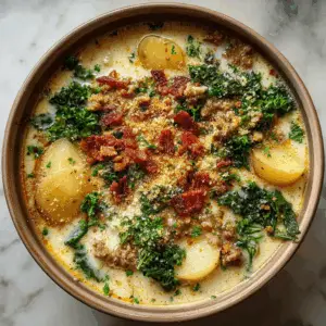 One Pot Zuppa Toscana with Crispy Bacon topping