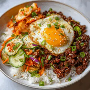 Spicy Korean Ground Beef with Kimchi slaw