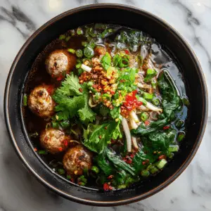 Thai Boat Noodles with Pork Balls and Fresh herbs