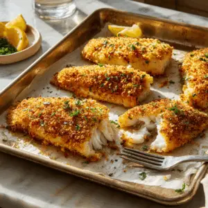 baking tray with several golden-brown tilapia fillets