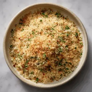 shallow ceramic bowl filled with a golden breadcrumb mixture