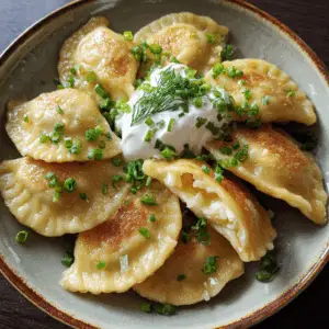 Classic Russian Potato and Cheese Perogies with Sour cream