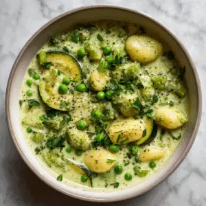 Creamy Pesto Gnocchi Soup with Zucchini and peas