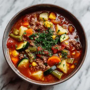 Ground Beef, Tomato, and Veggie soup