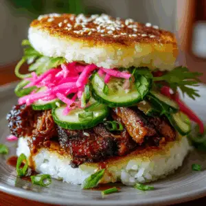 Korean BBQ Pork Rice Burger with Pickled radish