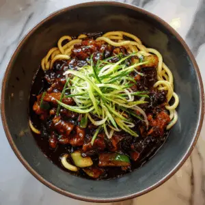 Korean Black Bean Noodles with Pork and zucchini