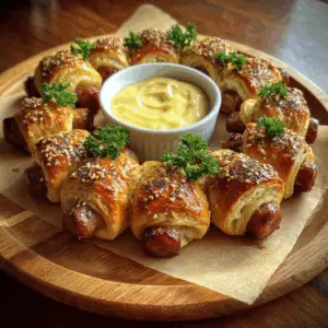 Pigs in a Blanket Wreath with Honey Mustard center